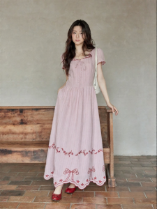 seemon | Summer Korean Style Pink Bow Embroidery Dress