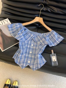 Áo Sơ Mi Kẻ Caro Xanh Một Bên Vai Cạp Cao Ngắn Mùa Hè Cho Nữ Thiết Kế Độc Quyền Thường Ngày Tay Ngắn Cổ Tròn