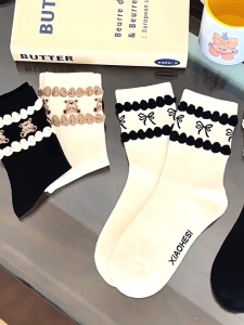 Set 10 đôi tất NƠ GẤU phong cách ba lê - tất cotton dày dặn xinh xắn thời trang nữ