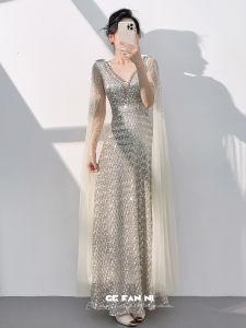 Banquet Suitable Silver Beige Glitter Evening Gown