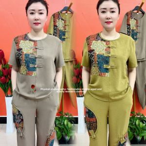 Casual Cotton Linen Set for Middle-Aged Mothers Fashionable Summer Outfit Short Sleeve Top And Pants Two-Piece Ensemble