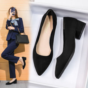 Womens mid Heel Work Shoes Black Professional Interview Shoes Leather Upgraded Fiber Slip-On Office Shoes Anti-Slip Rubber Sole