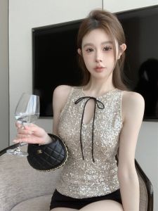 Elegant Sequin Sleeveless Vest Womens Summer Fashion V-neck Design Mermaid Princess Style Short Length Bright Color Top