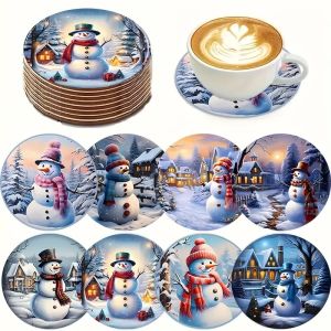 8 pieces/sets of Christmas-style patterned wooden anti-slip coasters suitable for bar and cafe decoration anti-slip coasters