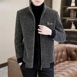 HENGYUANXIANG | Hengyuanxiang 2025 New Mens Casual Short Woolen Jacket Stripe Pattern Stand Collar Zipper Closure Warm Fashionable Winter Outerwear