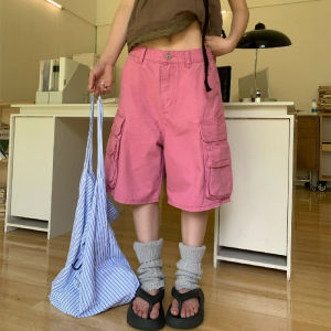 XIBAIYI | Overweight Friendly Water Washed Pink Utility Style Denim Shorts