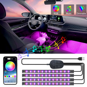 YiLaie RGB Interior Car Strip Lights 4 PCS USB Charger DC5V LED Car Ambient Light App Control Multi DIY Color Music Car Lighting