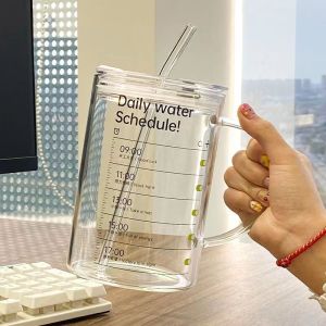 1000mL Large Capacity Water Cup Time Scale Office Worker With Cover Double Drink Glass High Temperature Straw Mug