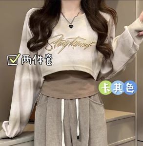 ผู้หญิง ฤดูใบไม้ร่วง เสื้อสวม เสื้อฮู้ด ชุดสองชิ้นคอกลมแขนสั้น เสื้อท่อนบน พร้อมเสื้อเชิ้ตแขนยาวปักรายละเอียด