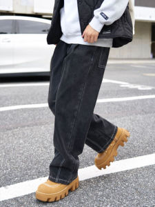 Casual Black Grey Loose Straight Leg Jeans Full Elastic Waist Versatile Wide Leg Pants Adult Winter Wear Comfortable Denim