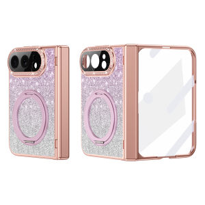 szhaiyu | For iPhone DuoElectroplated Bling Glitter Case With 360° Rotating Bracket Tempered Film With Hinge Protector Shockproof Cover