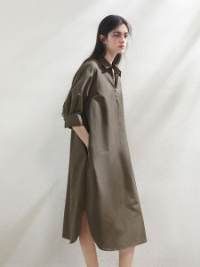 Miccbeirn | ชุดเดรสผ้าไหมคอวี ทรงหลวม แขนยาว 7 นิ้ว สำหรับผู้หญิง ชุดทำงานลำลอง ฤดูใบไม้ผลิและฤดูร้อน ชุดเดรสผ้าไหมคอวี