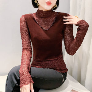 YIMEI เสื้อยืดปักลายลูกไม้แขนยาวครึ่งคอสำหรับฤดูใบไม้ร่วง2024สำหรับแฟชั่นของผู้หญิงเข้ารูปพอดีฉบับภาษาเกาหลีสีแดงเสื้อฐานแขนยาวเข้ารูปทันสมัย