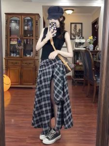 VKSOD | Black Embroidered Vest Top And Half Skirt Two-Piece Set Womens Summer Checkered Split Midi Skirt Round Neckline Cotton Blend