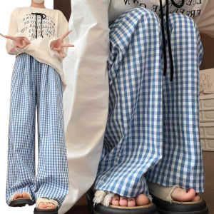 กางเกงขายาวทรงหลวมสีน้ำเงินขาวสำหรับผู้หญิงในช่วงฤดูร้อน กางเกงขายาวทรงหลวมเอวสูงทรงหลวมสไตล์ใหม่ปี 2025 ทรงสลิมฟิต