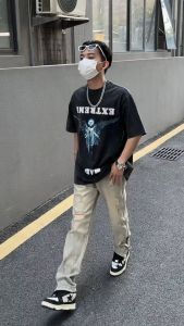 กางเกงยีนส์ผู้ชาย นอนเยี่ยม ความนิยม แฟชั่น ผอมเพรียว สไตล์ไฮสตรีท สีย้อมสีเหลือง hiphop