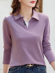 Pure Cotton Long Sleeve T-Shirt Womens Loose Fit Collared Base Shirt Spring Autumn Fashionably Simple Comfortably Breathable