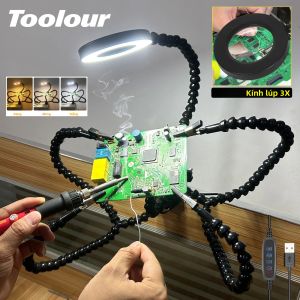 Dụng Cụ Hỗ Trợ Hàn Toolour Helping Hands Với 5 Cánh Tay Linh Hoạt Kẹp Bàn Điều Chỉnh Được Kính Lúp 3X LED Giá Đỡ PCB Màu Đen/xanh Dương