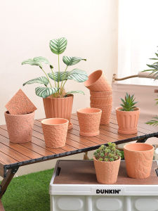 Relief Red Clay Succulent Small Flower Pot Extra Large Coarse Ceramics Simple Porous Clay Pottery for Desktop And Ground