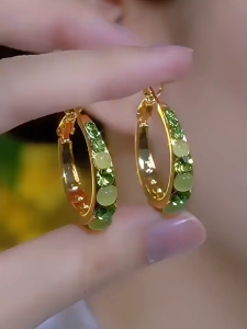 Korean Emerald Earrings Big Circle Rhinestone Non Fading Hypoallergenic Hoop Earrings Retro Luxury Elegant Earrings Jewelry for Women Girls