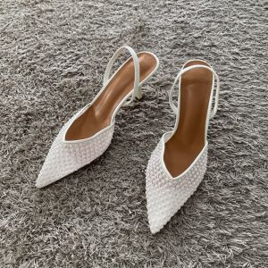 Mesh Brand Sandals Women Pumps Pointed Toe Elegant Slingback High Heels Female String Bead Designer Party Wedding Dress Shoes