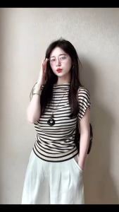 🎀 Áo Thun Nữ Lệch Vai Kẻ Sọc – Thiết Kế Chít Eo Tôn Dáng Chuẩn Gu Sang Chảnh 🎀