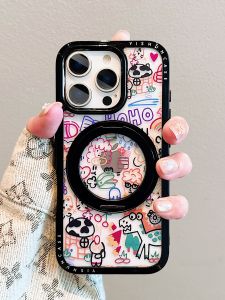 Creative Cute Doodle Silicone Phone Case with Stand Magnetic Absorption Transparent Apple 16ProMax 15 13 Female 14Plus Support Shell 16pro Protective Cover
