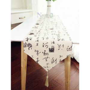 ผ้าคาดโต๊ะสองชั้นลายตัวอักษรเซนสไตล์จีนแบบใหม่ผ้าปูโต๊ะผ้าฝ้ายผสมผ้าลินินแนววินเทจผ้าปูโต๊ะแบบยาวสไตล์จีนสำหรับตู้โต๊ะน้ำชาแบบคลาสสิก