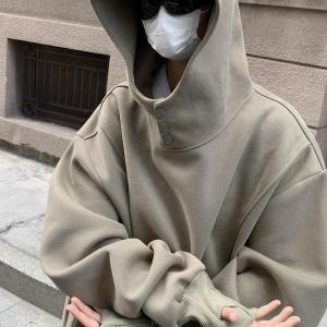 High Collar Button up Hoodie Mens Spring Autumn Loose Fit Heavyweight Hardwearing Casual Wear Trendy American Style Jacket