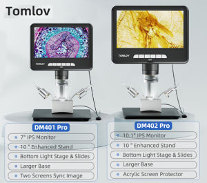 TOMLOV DM402 Pro 2K Digital Microscope with 10.1 Inch LCD1200X DM401 Pro 7 Inch 24MP HDMI LCD Coin Microscope Soldering Microscope with Bottom Transmitted Light PC/TV Compatible 32GB