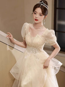 Chân Váy Dạ Hội Sang Trọng Màu Sâm Panh Cho Nữ 2025 Váy Dài Tay Ngắn Phong Cách Hàn Quốc Cạp Cao Thường Ngày Mùa Hè