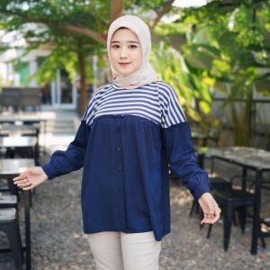 EFELINE BLOUSE RAYON TWILL MIX KNIT Atasan Muslim Kancing Wanita terbaru