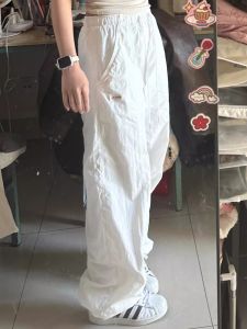 American Style Street White Paratrooper Pants Women Spring Summer Cuffed Loose Versatile Drawstring Casual Work Wide Leg Trousers