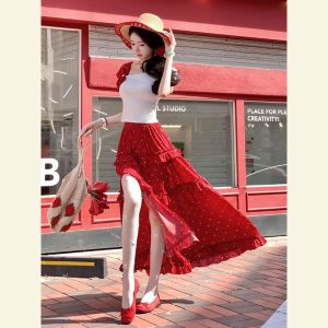 Dopamine Boost Elegant Red Polka Dot Dress Set High Waist Summer Vacation Style Long Skirt High Quality Womens Fashion