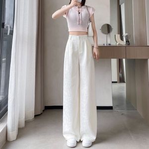 High-Waist Loose-Fitting Casual Pants for Women Chinese Style Wide-Legged Lightweight Summer Trousers with Pocket Ice Silk Material