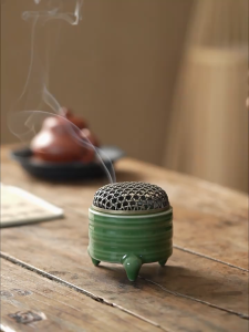 Handcrafted Ceramic Small Size Low Tripod Stand Jade Bamboo Incense Burner & Alloy made Netting Cover for 2 hrs coil