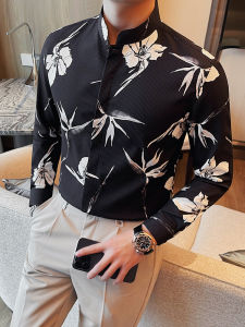 New Chinese Style Mens Long Sleeve Printed Shirt Casual Business Slim Fit Stand Collar Dark Button Fashionable Spring Autumn