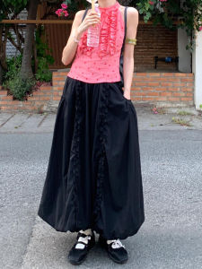 Váy Dài Đến Giữa Bắp Chân Màu Đen Cho Nữ Mùa Hè Váy Chữ a Xếp Nếp Cạp Cao Viền Hoa Váy Ngắn Váy Chữ a Xếp Nếp