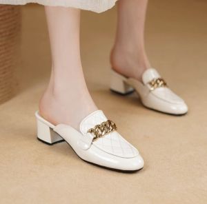 Genuine Leather Sandals Womens Summer Outdoor Wear High-End Feelings Headed Half Slippers 2025 Summer New Fashion Versatile Thick Heel Cool Drag