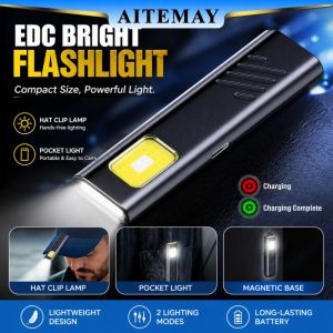 Aitemay 800LM Mini LED Keychain Torch Portable Magnetic Work Light with 5 Modes Flashing USB Rechargeable EDC Flashlight for Repair