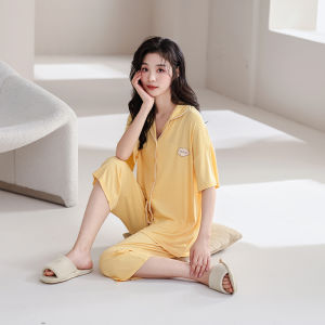 Miiow | Cat Woman Summer Ice Silk Short Sleeve Sleepwear Set With Chest Pad Seven Pants Loose Fit Home Clothes Youth Casual Thin Fabric
