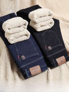 ROMON | Lomon Fleece Lined Thick Casual Mens Jeans Mid Waist Zipper Closure Business Casual Fashion Urban Style Winter Long Trousers