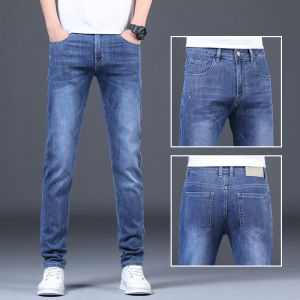 Playboy Summer Thin Denim Jeans Mens Straight Loose Fit Casual Pants Ice Silk Elastic Cotton Polyester Blend Long Trousers