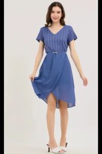 Krizia Special Fabric Flowy Overlap Skirt Dress with Crystal Belt