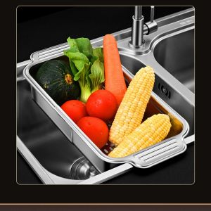 Stainless steel telescopic sink filter basket adjustable length used for cleaning fruits draining spaghetti and dishes