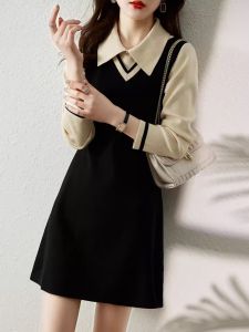 Slimming Knitted Sweater Dress Square Collar Patchwork Versatile Autumn Winter New Arrival Elegant Commute Pure E-commerce Cotton Polyester Blend Long Sleeve Midi Dress