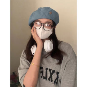 Casual Korean Style Beret Hat Small Metal Button Denim Large Head Size Painter Cap Face Slimming Trendy Accessory for Teens And Young Adults