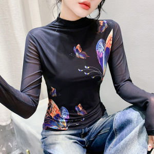 YIMEI เสื้อตัวใน2024พิมพ์ลายผีเสื้อแขนยาวครึ่งคอสำหรับผู้หญิงเสื้อยืดเข้ารูปพอดีสวยๆสำหรับฤดูใบไม้ร่วงใหม่