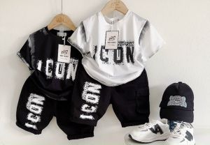 Đồ Bộ Cộc Tay Quần kaky đen bé trai kiểu Hip Hop cá tính và năng động cho bé Trai Chữ ICON Màu Loang như hình Size Từ 26-42kg Size đại