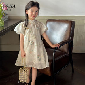 Princess Style Bubble Sleeve Qipao Dress for Girls YOJIA Childrens Clothing New 2024 Summer Fashion A-Line Skirt Polyester Fiber